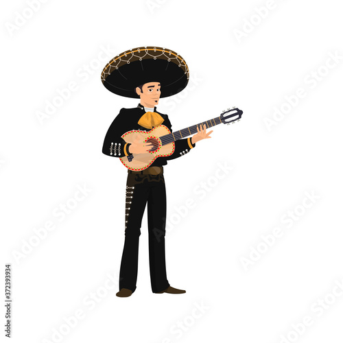 Mexican guitarist mariachi playing on guitar isolated musical band player. Vector spanish musician in sombrero hat and traditional costume. Cinco de mayo carnival musician with musical instrument