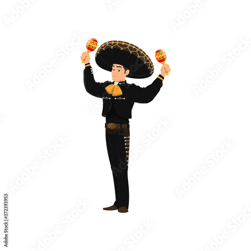 Brazilian man in national costume and sombrero hat playing on maracas musical instrument isolated band musician. Vector mariachi mexican musician, cartoon character playing latino music