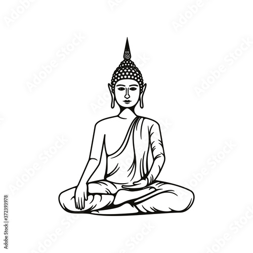 Buddha meditation isolated vector icon, Buddhism religious symbol, Buddhist Hinduism Dharma religion, Buddha statue in lotus posture outline monochrome illustration