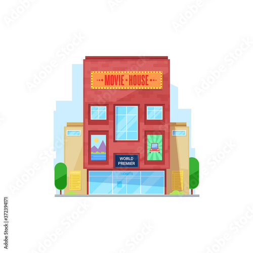City building, cinema or movie theater. Vector facade, construction or public place, entertainment. Urban architecture with glass entrance, several storey and signboard on roof or wall, outdoor