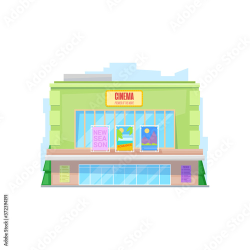 City building, cinema or movie theater. Vector facade, construction or public place, entertainment. Urban architecture with glass entrance, several storey and signboard on roof or wall, outdoor