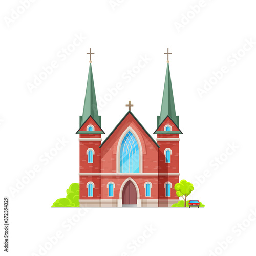 Christian church isolated catholic chapel of red brick. Vector holly place to hold funeral and wedding ceremonies, exterior with trees and vehicle. Cathedral or monastery evangelica or orthodox facade