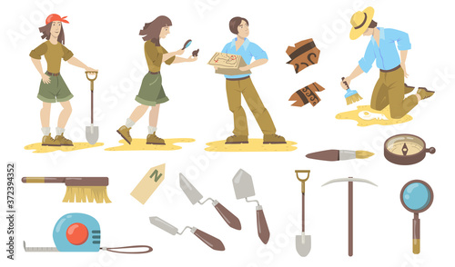 Archeological tools set. Archeologist and paleontologist using shovels, trowels, brushes, compass for finding historical artifacts. Vector illustrations for archeology, geology, discovery concept.