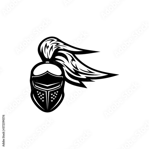 Gladiator helmet with plumes isolated monochrome icon. Vector crusader headgear, medieval knight head, sport mascot emblem. Ancient protection cap with feathers, spartan military armor, royal guard