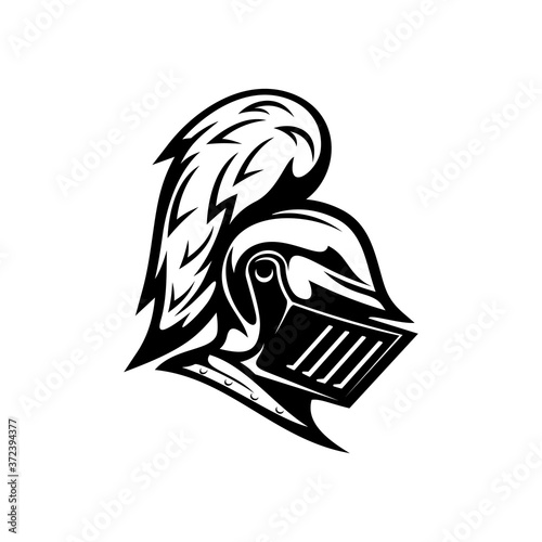 Renaissance helmet isolated medieval royal knight armour monochrome icon. Vector protection and security symbol, metal hero head mask with vizor and plumage