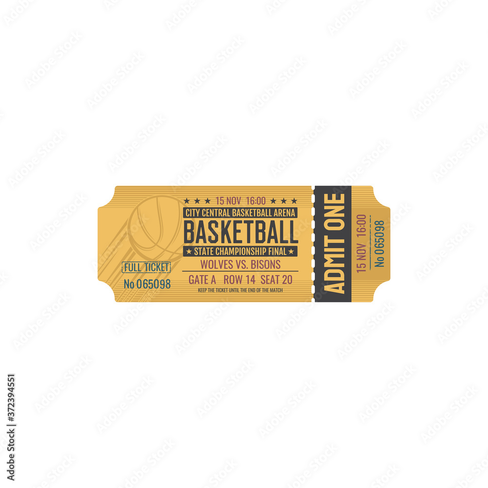 Ticket on basketball game, entry on city central arena, admit one. Vector mockup of retro ticket invitation on sport event, state championship final. Coupon with ball, mention of seat and row Ticket on basketball game, entry on city central arena, admit one. Vector mockup of retro ticket invitation on sport event, state championship final. Coupon with ball, mention of seat and row