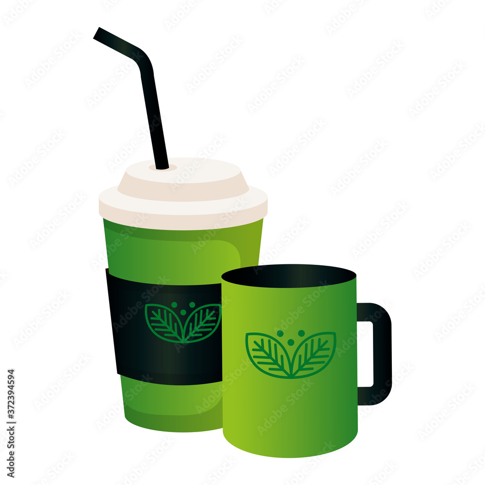 mockup disposable coffee and mug with sign of green company, corporate identity vector illustration design mockup disposable coffee and mug with sign of green company, corporate identity vector illustration design