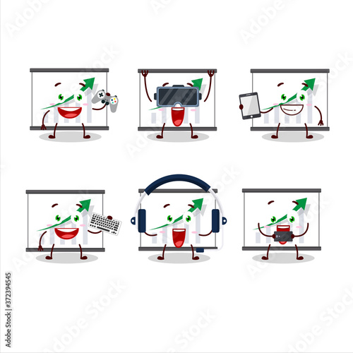 Chart going up cartoon character are playing games with various cute emoticons