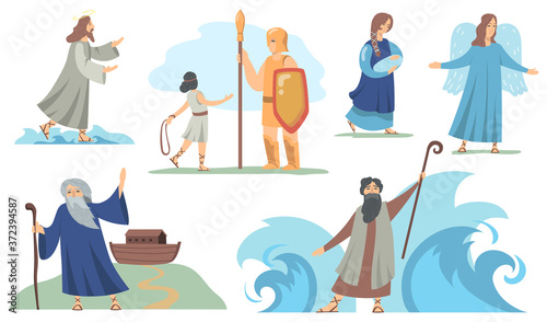 Holy bible Christian characters set. Noah and Virgin Mary, Judah and Moses, angel and Jesus. Vector illustrations for religion, traditional biblical stories, culture concept.
