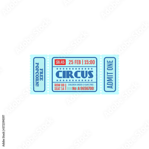 Circus ticket template, mention about free popcorn and children under 6 year free. Vector admit one on festival of fun, mockup of pass on amusement party, admission entry to show with prize