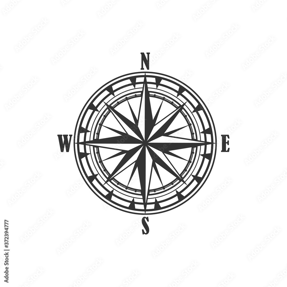 Compass symbol and sign, isolated vector marine navigation element. Rose of wind heraldic monochrome signs with world sides, north and south, west and east. Geography and cartography, map