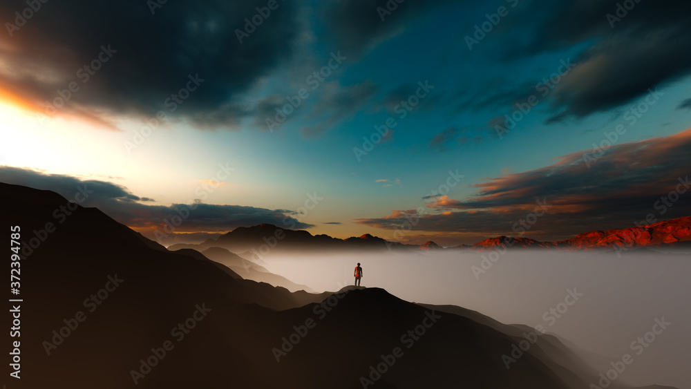 3D Illustration Freedome Man with Sunset Sky