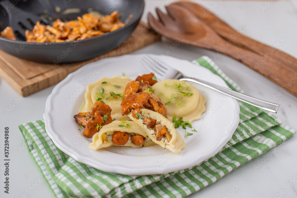 home made Italian ravioli with fresh roasted chanterelles