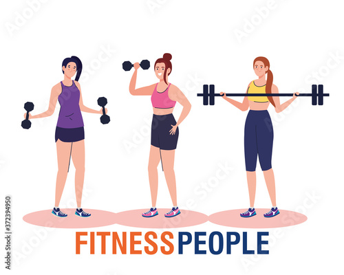 banner fitness people, women doing exercises with dumbbells and weight bar, sport recreation exercise vector illustration design