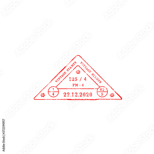 Vintage triangular stamp with data and time of delivery. Vector grunge triangle, post or airmail stamp isolated icon. Correspondence control symbol, travel destination mark. Rubber red print sign