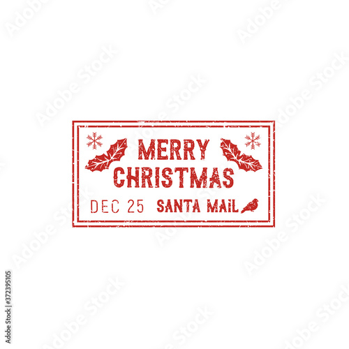 Merry Christmas post mark, isolated Santa mail stamp. Vector grunge postage sign with birds and mistletoe