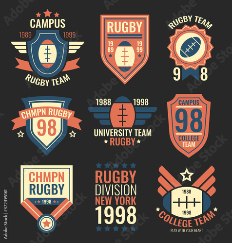 Rugby team labels set. College sport team badges, grunge emblems, university community patches in retro vintage style with text. Vector illustrations collection isolated on black background
