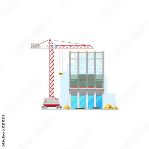 Tall office building construction isolated facade and lifting crane icon. Vector machinery and stop signs, piles of build materials. House construction site, store warehouse or office building