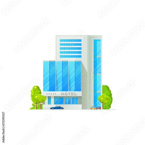 Luxury 5 star hotel isolated building facade exterior. Vector modern multi apart hotel, city architecture condominium. Futuristic hotel establishment to lodging on short-term, trees and parking zone photo