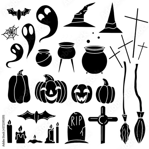 Set of black silhouette llustrations for the holiday Halloween. Witch hats, brooms, cauldrons, tombstones, pumpkins, bats, and ghosts. Vector object for postcards, banners, icons and your design photo