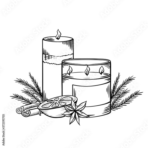 Relax candles. Black and white sketch with shading. Wax candles with juniper twigs, cinnamon and orange slice. Vector spa, relaxation elements, greeting cards and invitations