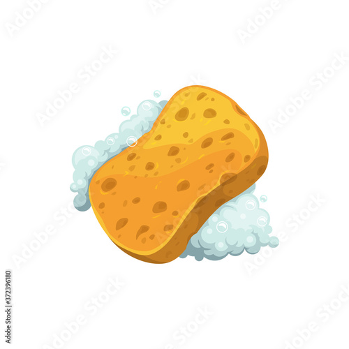 Washcloth in soapy foam isolated hygiene object in realistic design. Vector washing sponge with soap bubbles, bathroom cleaning equipment. Cleanup spongy tool, housework and household cleaning fiber