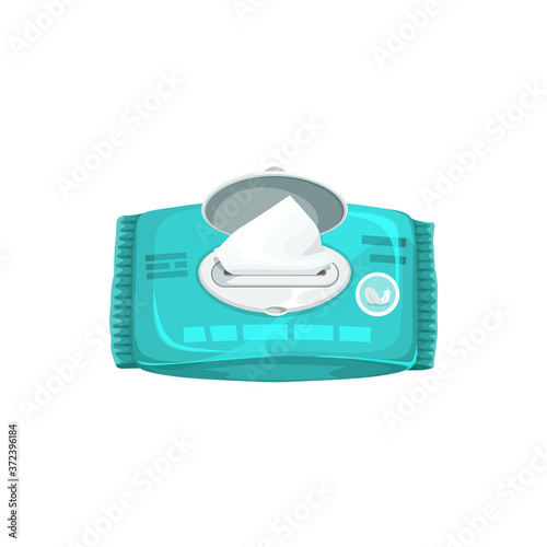 Antibacterial napkins open pack isolated mockup in realistic design. Vector wet wipes, hygiene paper to clean hands and makeup, sanitary napkin packaging template. Blue package of wet wipes tissues