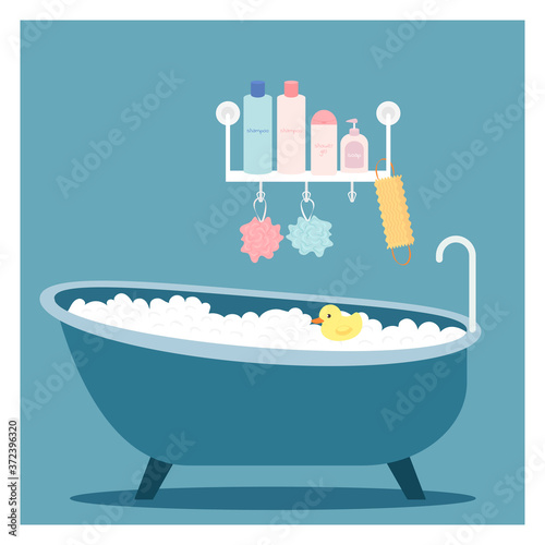 Foam bath. Bath duck. Shelf with bath utensils. Flat cartoon vector illustration isolated on blue background