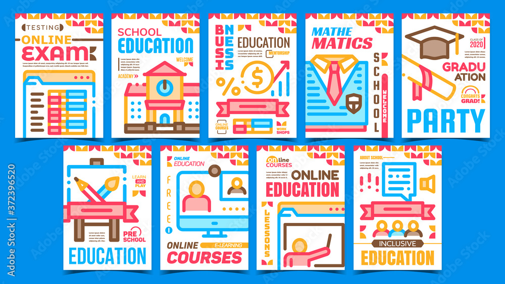 Academy Education Advertising Posters Set Vector. School And University Building, Online Courses And Class Education, Exam And Graduation Promo Banners. Concept Template Style Color Illustrations