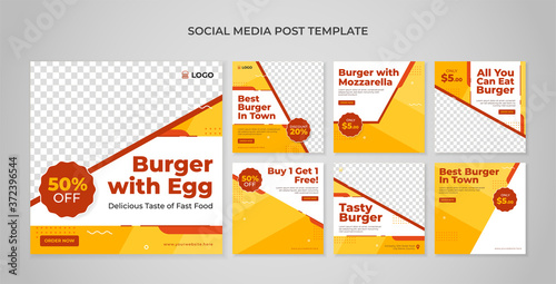 Burger social media post template. Food banner for fast food restaurant