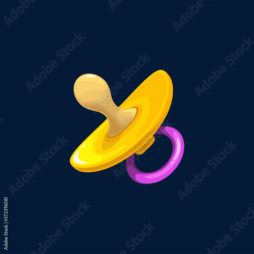 Baby pacifier newborn child toy isolated rubber soother icon. Vector dummy binky soother. Dodie rubber, plastic or silicone nipple given an infant to suck upon. Plastic comforter with ring
