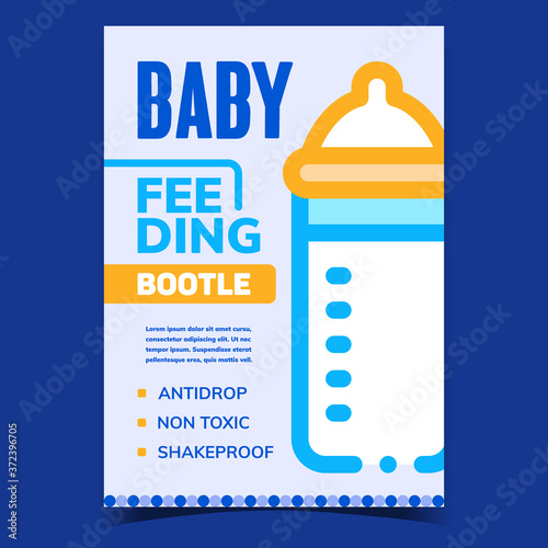Baby Feeding Bottle Advertising Banner Vector. Shakeproof, Anti Drop And Non-toxic Bottle For Children Food Or Drink Milk Promotional Poster. Accessory Concept Template Style Color Illustration