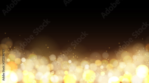 Gold glitter bokeh on black background . Abstract overlay with lights effect . Vector image .