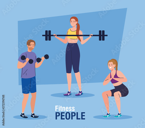 fitness people banner, persons practicing exercises, sport recreation exercise vector illustration design