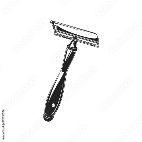 Chrome double-edge safety shaving razor isolated monochrome icon. Vector vintage razor blade holder with metal handle. Old-fashioned shaver from stainless steel, retro barbershop or barber tool