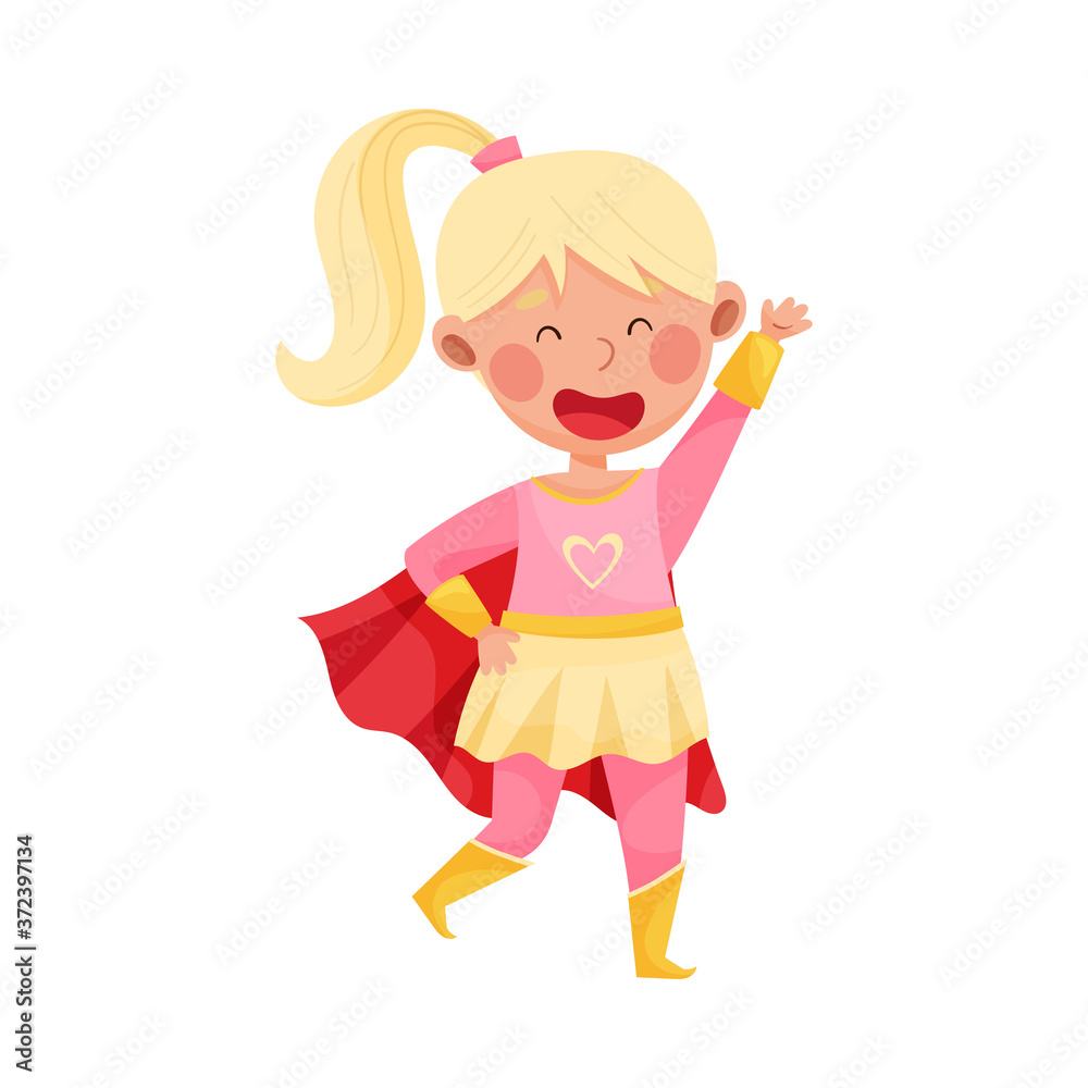 Cheerful Girl Wearing Superhero Costume Waving Hand Vector Illustration Cheerful Girl Wearing Superhero Costume Waving Hand Vector Illustration