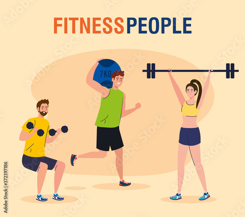 banner fitness people, persons practicing exercises, sport recreation exercise vector illustration design