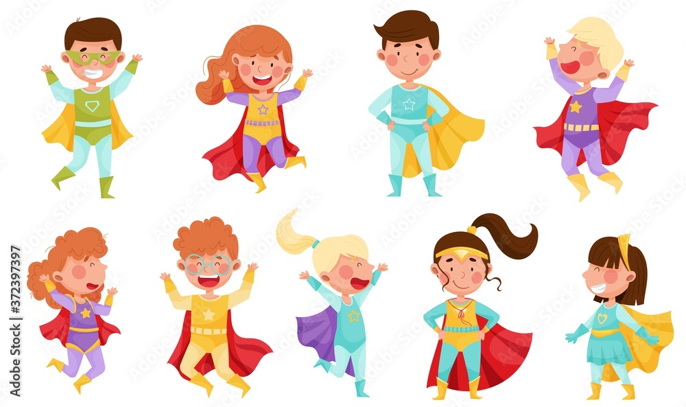 Children Wearing Superhero Costume Pretending to Have Super Power Vector Set
