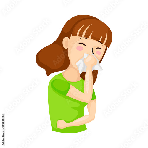 Young Woman Suffering from Virus Symptom Like Sneezing Vector Illustration