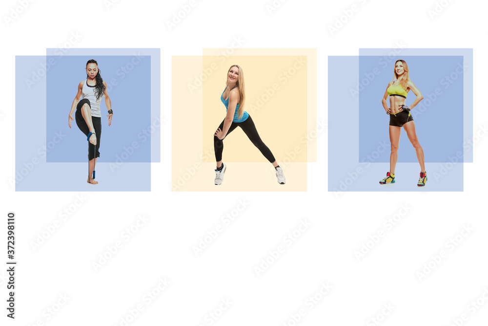 the concept of actions that can be performed together with fences for physical distance during fitness classes. collage the concept of actions that can be performed together with fences for physical distance during fitness classes. collage