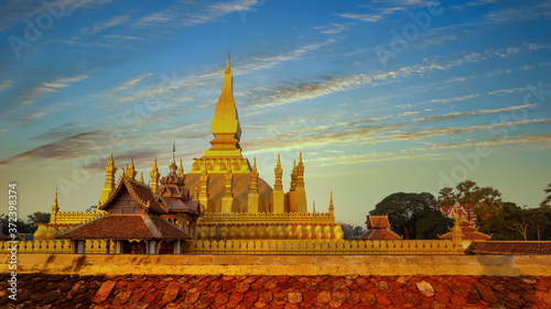 Pha That Luang is gold large Buddhist stupa and the most important national monument in Laos and national symbol, Vientiane, Laos. photo