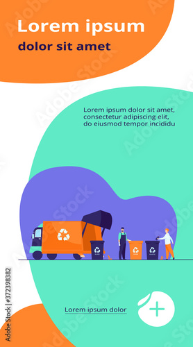 Garbage collector cleaning waste bin flat vector illustration. Cartoon man putting rubbish for recycling. Service and disposal industry concept.