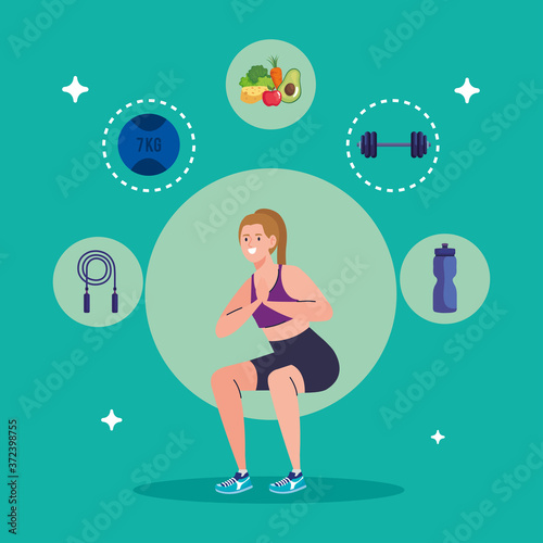 woman doing squats with sport icons vector illustration design