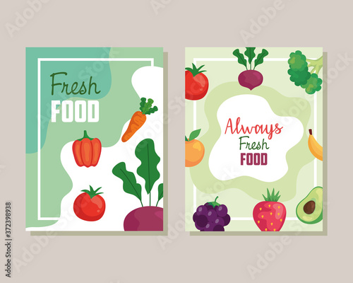 banners with vegetables, fresh food and always fresh food vector illustration design