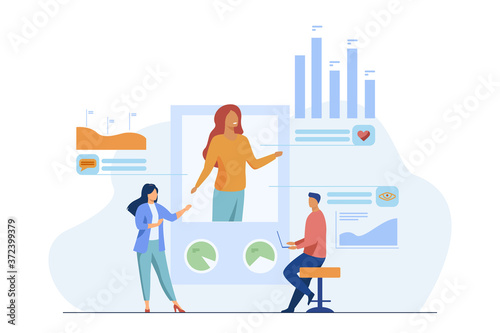 Social media marketing analysis. Managers analyzing profile likes, comments, views flat vector illustration. Internet, promotion, smm concept for banner, website design or landing web page