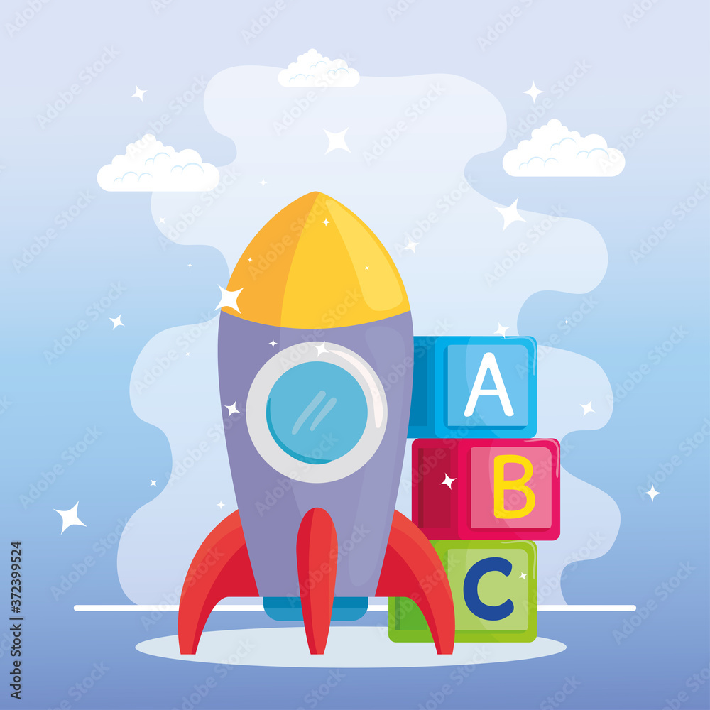 Obraz premium kids toys, rocket and alphabet cubes vector illustration design