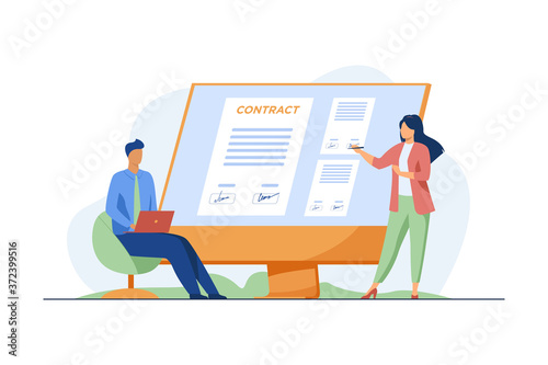 Businesspeople signing contract online. Partners affixing signatures to document on monitor flat vector illustration. Internet, global business concept for banner, website design or landing web page