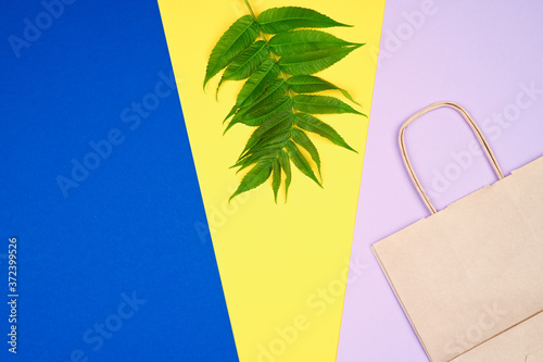 Craft paper bag with sgreen leaves. Zero waste shopping concept photo