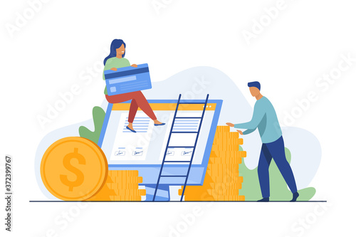Bank client ordering credit card online. Woman at monitor with signed agreement, money, cash flat vector illustration. Online bank service concept for banner, website design or landing web page