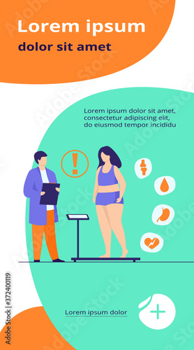 Fat patient visiting doctor. Woman suffering from overweight, obesity, heart disease, having diabetes risk. Can be used for health problem, lifestyle, medical help concept